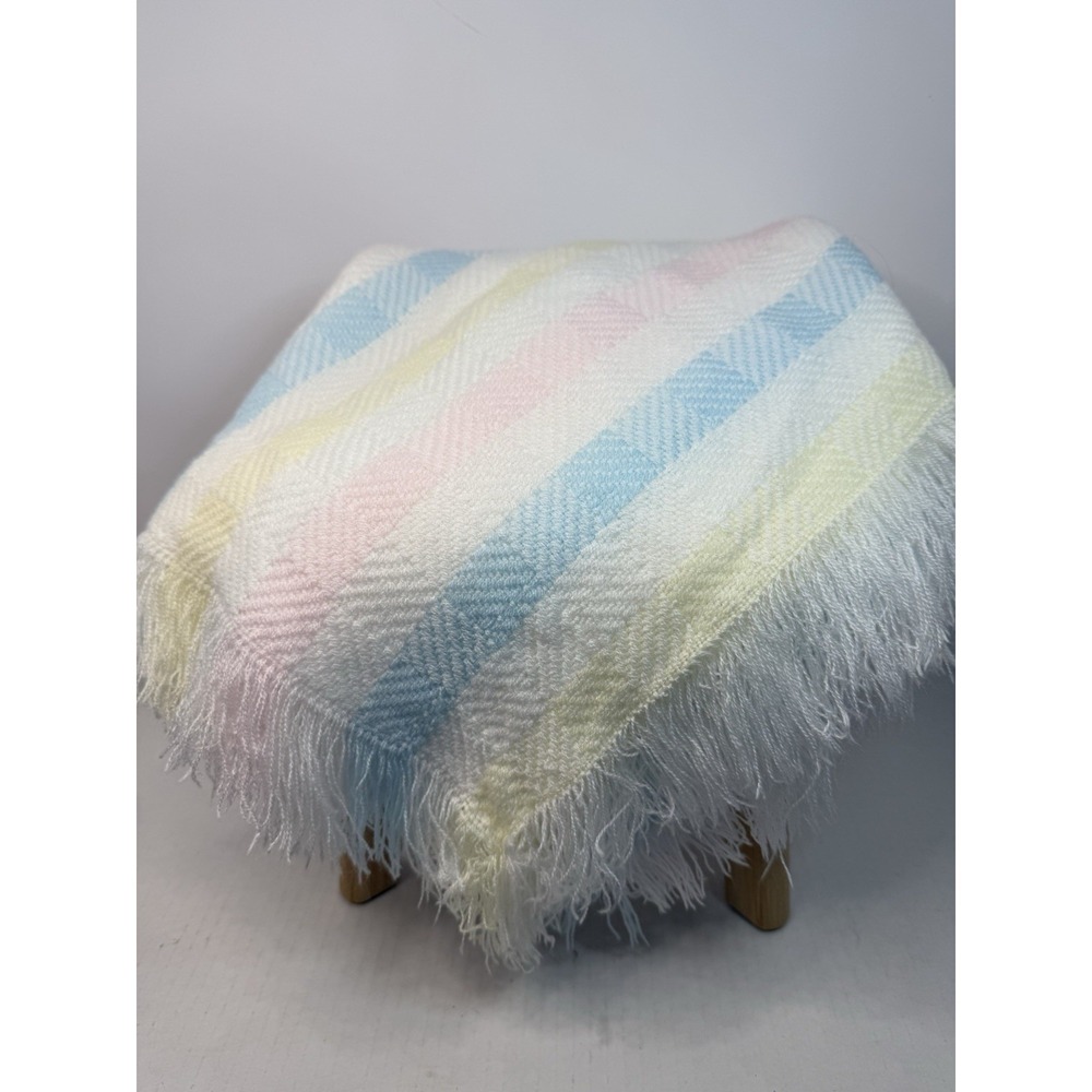 Vintage Waffle Weave Acrylic Baby Blanket Fringe Edge 35" By 35" GUC Made Mexico